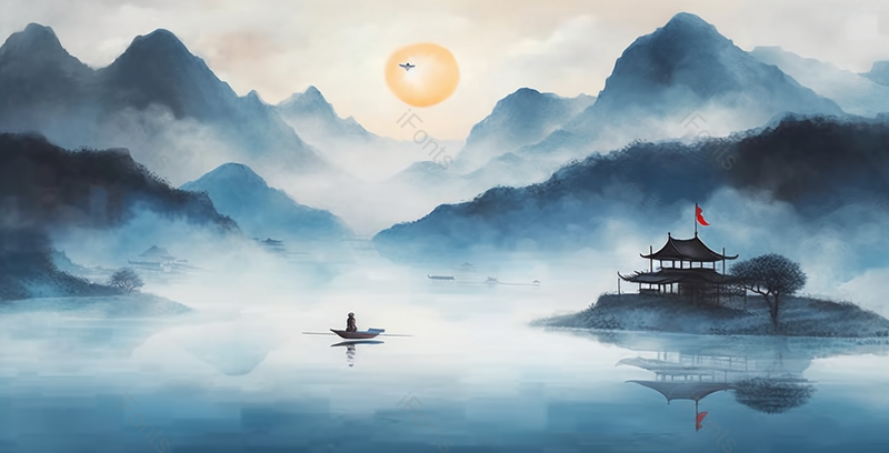 木屋木船山川湖泊景色自然意境中国山水国风水墨画背景,插画/手绘图,插画/手绘图库,插画/手绘图下载,插画/手绘